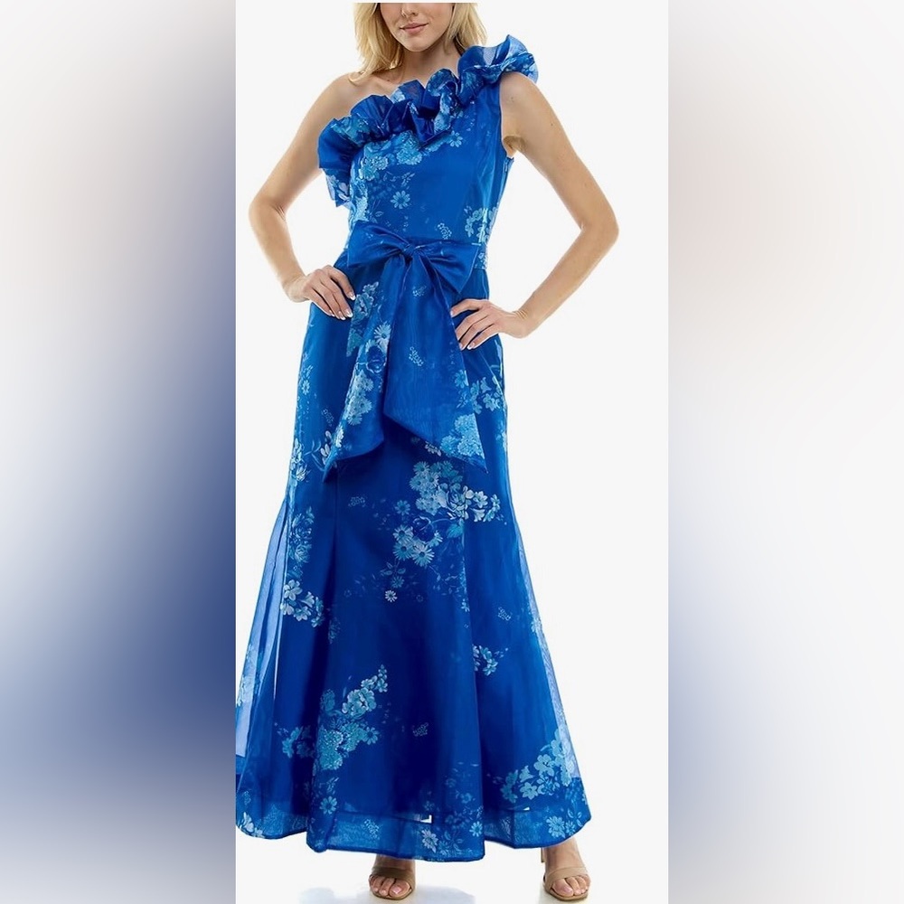 Taylor sleeveless Elegant Blue Floral One-Shoulder Dress